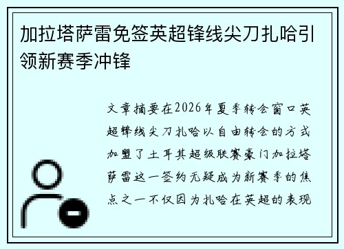 加拉塔萨雷免签英超锋线尖刀扎哈引领新赛季冲锋 加拉塔萨雷免签英超锋线尖刀扎哈引领新赛季冲锋