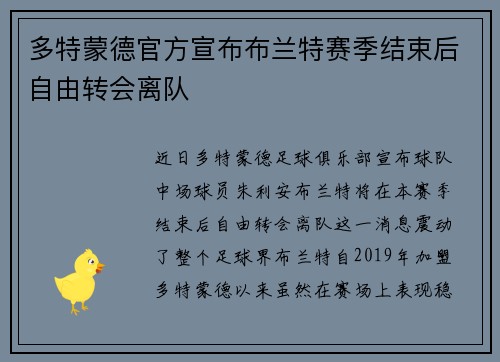 多特蒙德官方宣布布兰特赛季结束后自由转会离队